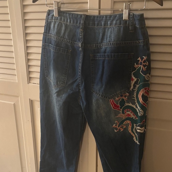 Liebo Vibrant Dragon Embroidered Denim Jeans, Accents at Knees Size 30 - Picture 8 of 9